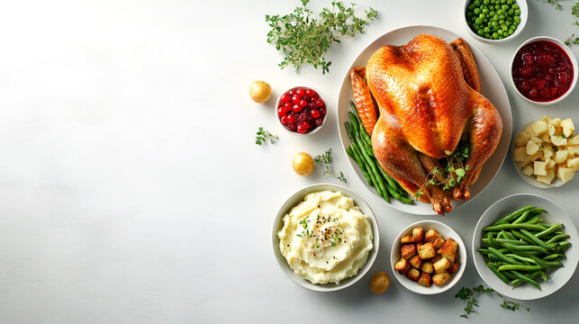 Flat lay of a roasted turkey arranged alongside classic Thanksgiving sides like mashed potatoes, green beans, cranberry sauce, and stuffing.