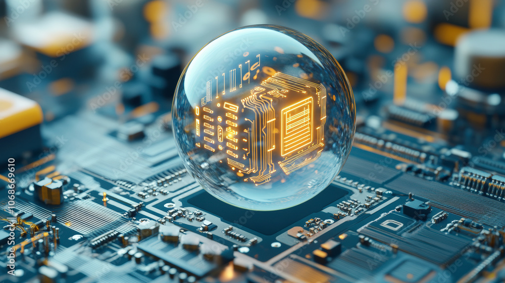 Poster A glowing microchip encased in a transparent sphere, resting on a detailed circuit board, symbolizing advanced technology and innovation in electronics.