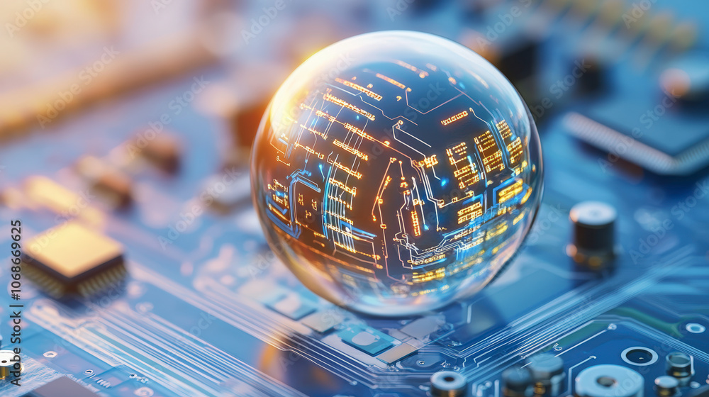 Poster a transparent sphere with digital circuit patterns sits on a blue microchip, symbolizing advanced te