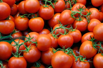 Close-up photo of red, healthy bunches of tomatoes in a pile at the grocery store. Lycopene is a source of antioxidants. Healthy eating. Winter fruits. Fruit pric