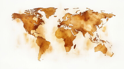 Colorful coffee stain paint world map.