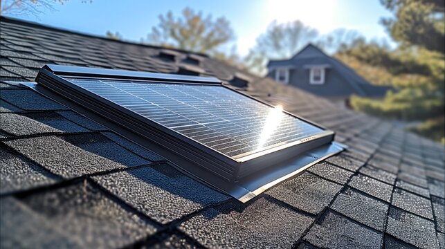 A roof with a solar attic fan being installed. Powered attic vents with thermostats.