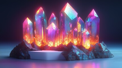 Vibrant iridescent crystals emanating neon glow in dark environment