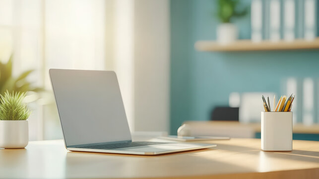 A sunlit office desk with an open laptop, a potted plant, and a pencil holder, creating a serene and productive workspace environment.