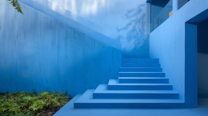 The blue background of a modern outdoor staircase with a bright blue wall. The staircase is characterized by smooth lines and a minimalistic design, made in the same blue shade as the wall.