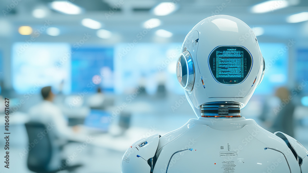 Aufkleber a humanoid robot with a digital display screen on its head observes professionals working on compute