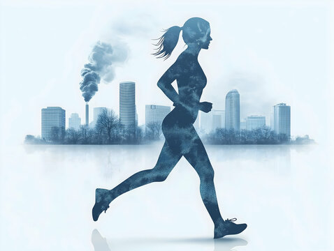 A silhouette of a woman running against a city skyline, blending elements of health and urban life, highlighting the contrast between nature and pollution.