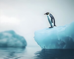 Obraz premium Starving Penguin Standing on Melting Iceberg Symbolizing Effects of Global Warming