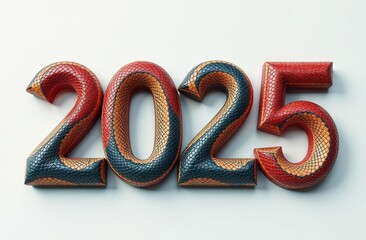 Obraz premium Snakeskin Volumetric Numerals 2025 of snake skin White Background, New Year Symbol Snake, Christmas