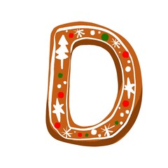 Gingerbread letter D, crafted with a simple icing pattern on a white background, perfect for seasonal and holiday projects.