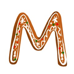 Gingerbread letter M decorated with an icing pattern on a white background, adding festive charm to holiday projects.