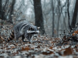 Gaunt Raccoon Foraging Through Depleted Forest Floor
