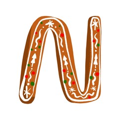  Festive gingerbread letter N with a decorative icing pattern on a white background, perfect for holiday and winter designs