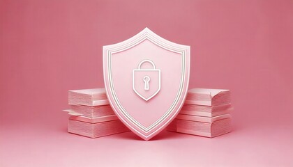 A pink shield featuring a lock design stands prominently against a pink backdrop, surrounded by stacked items, conveying themes of security and protection.