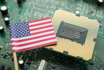 CPU computer (central processing unit) US flag on circuit board background. US vs China chip war or...