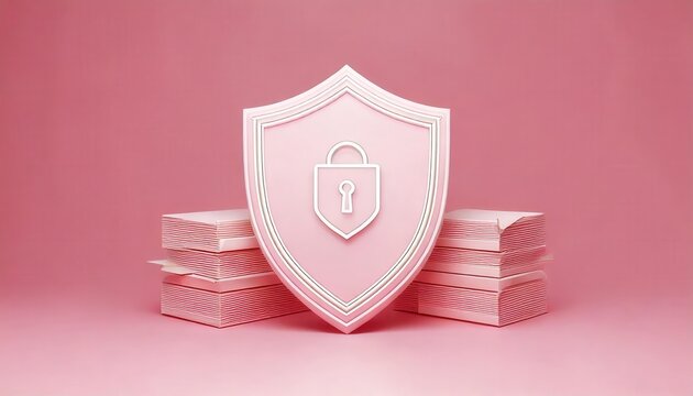 A pink shield featuring a lock design stands prominently against a pink backdrop, surrounded by stacked items, conveying themes of security and protection.