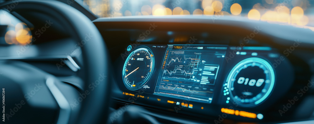 Poster modern car dashboard displaying digital speedometer and information screens with futuristic graphics