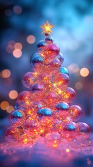 Illuminated christmas tree at night with star, festive bokeh. Gretting card with glass modern design christmas tree. Vertical poster. Chistmas tree made from glowing glasses balls with star in top.