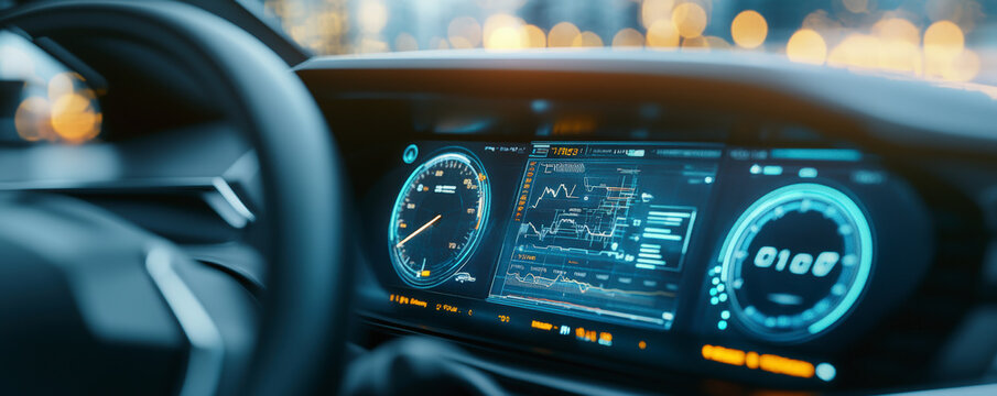 Modern car dashboard displaying digital speedometer and information screens with futuristic graphics, set against a backdrop of city lights at night.