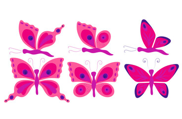 Set of pink and purple butterflies with open and closed wings. Vector illustration in flat style, isolated on white background.