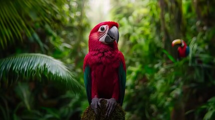 Naklejka premium A vibrant scarlet macaw perched on a branch in a lush tropical rainforest, with a toucan partially visible in the background.