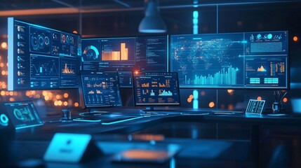 Modern Workstation with Multiple Monitors Displaying Data and Graphs