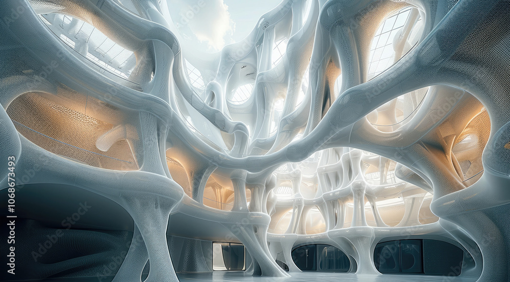 Aufkleber a building with futuristic forms, some of the walls are made out of threads.