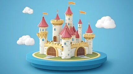 Cartoon Castle on a Cloud Platform with a Blue Background.