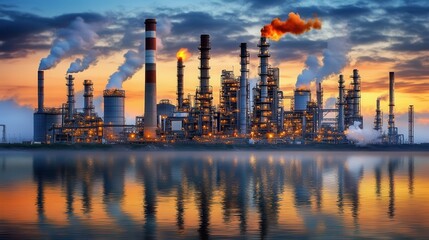 Obraz premium Industrial Complex at Sunset with Reflection in Water