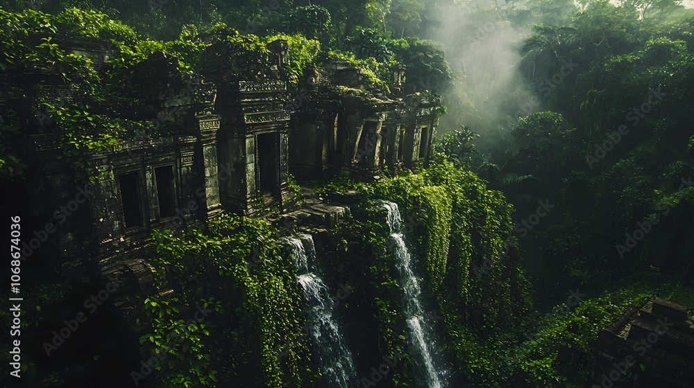 Poster drone capturing overgrown jungle temple with cascading waterfalls lost in time and nature