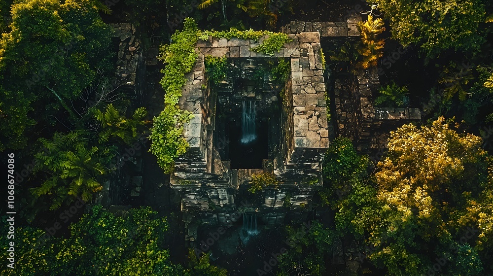 Poster drone capturing overgrown jungle temple with cascading waterfalls lost in time and nature