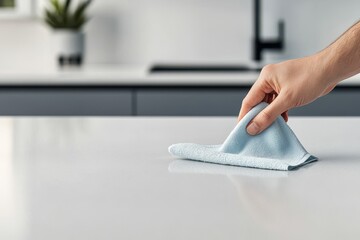 Close-up of a hand wiping down a kitchen counter with a microfiber cloth, emphasizing cleanliness, hygiene, and home maintenance in a modern kitchen.