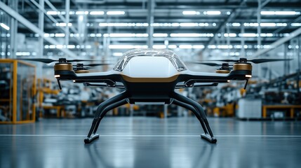 Advanced quadcopter drone with sleek design and gold accents positioned indoors in an industrial or technological setting with blurred background.