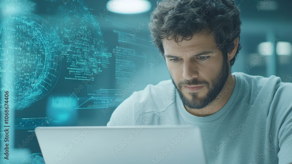 Poster a focused man works on a laptop with holographic digital data and schematics projected around him, s