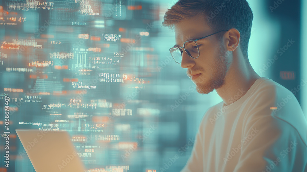 Aufkleber a person concentrating on a laptop, surrounded by streams of data and code, highlighting a high-tech
