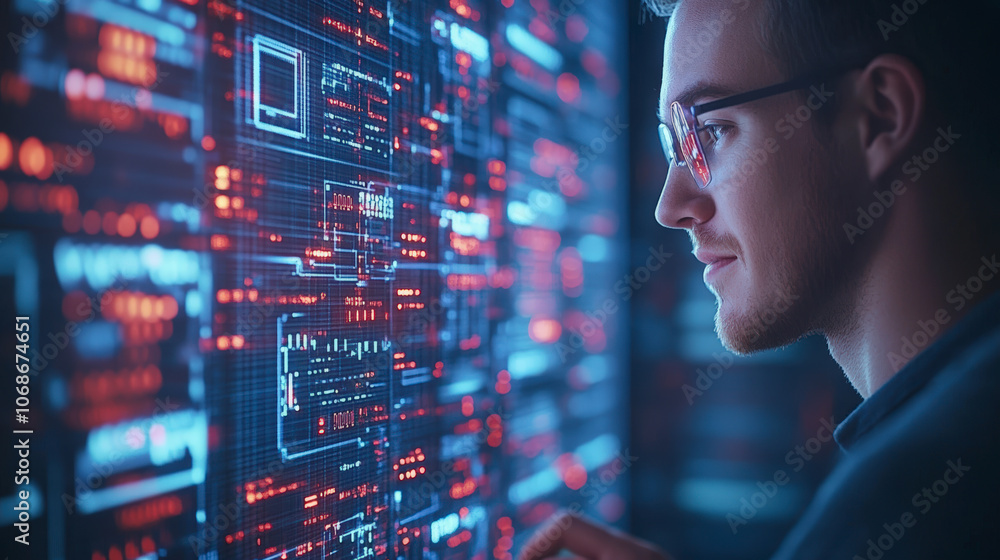 Poster a person wearing glasses is intensely focused on a high-tech digital screen displaying glowing blue 