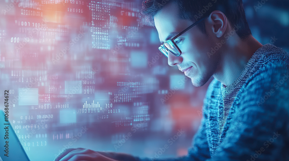 Poster a person is intensely focused on a laptop, surrounded by digital data and graphs, symbolizing techno