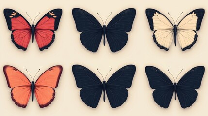 Six realistic butterflies in various colors and patterns, isolated on a beige background.