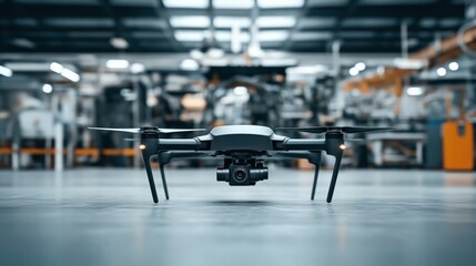 Close-up view of a drone with a camera in a modern industrial environment, showcasing advanced technology and aerial robotics surrounded by blurred industrial machinery.