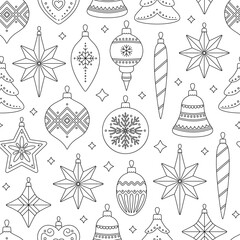 Seamless pattern with Christmas tree decorations of different shapes. Outline vintage holiday ornaments on white background. Contour xmas toys