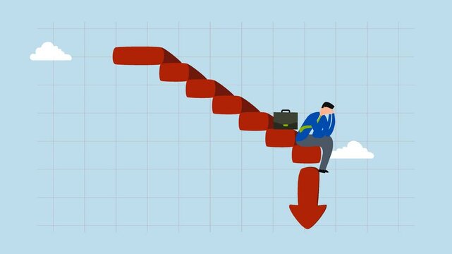 Capital loss, 4k animation of Struggling entrepreneur investor amid plummeting red graph and chart. 