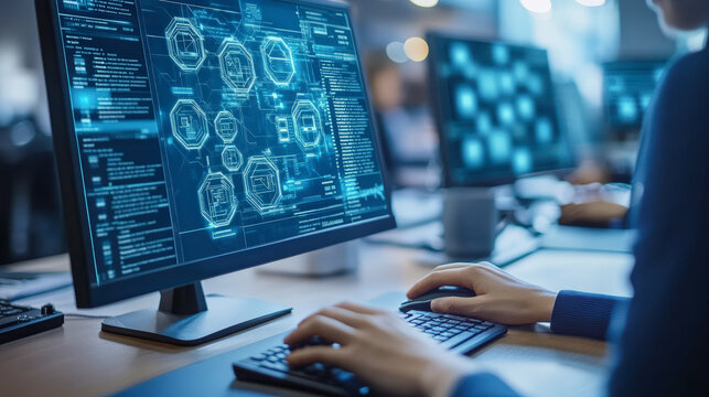 A person works on a complex computer screen displaying software code and data analytics in a modern office environment, highlighting technology and programming tasks.