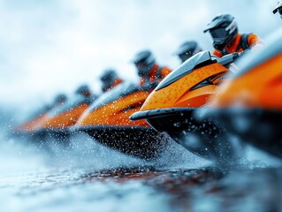 Fototapeta premium Dynamic shot of multiple jet ski racers speeding across the water, with splashes and motion blur, symbolizing excitement, competition, and water sports.