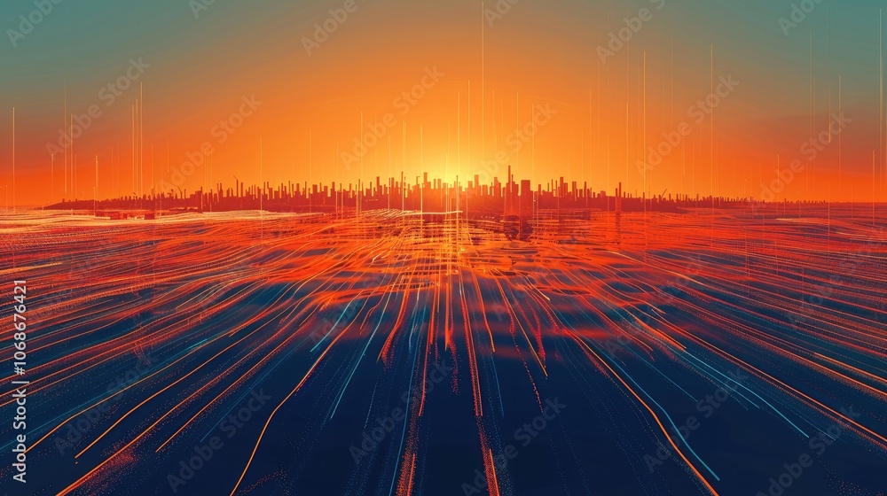 Poster A tropical city island in orange tones ocean and deep into a series of thin orange and blue lines, the contrast between the city and lines below creates a mesmerizing visual effect, minimalistic.