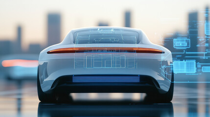 Futuristic autonomous car with digital interface overlays, showcasing advanced technology on a sleek design, set against a blurred cityscape.