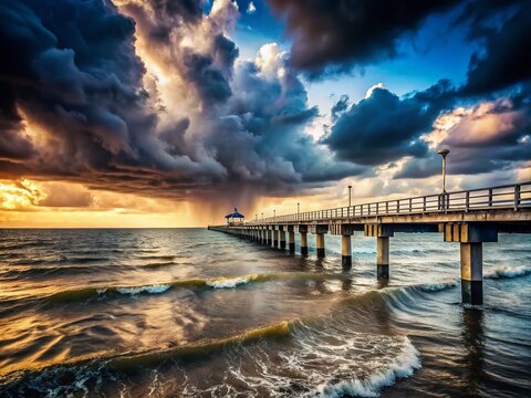 Vintage Storm Clouds Over Shorncliffe Pier - Dramatic Seascape with Dark Skies and Pier Silhouette, Evoking Melancholy and Beauty in Natural Landscapes