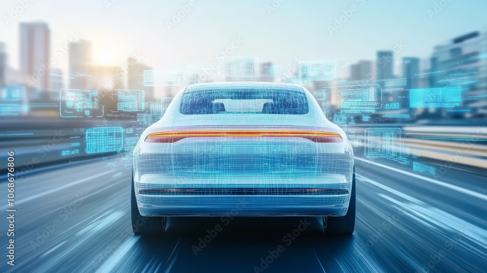 Poster a futuristic car on a highway with digital interface elements, symbolizing advanced autonomous drivi