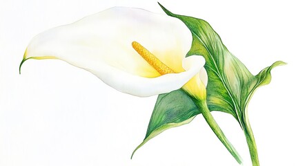 A delicate and elegant calla lily flower in white, showcasing its smooth petals and vibrant green leaves, perfect for floral designs.