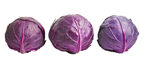 Three whole fresh purple cabbages. salad ingredients. transparent background