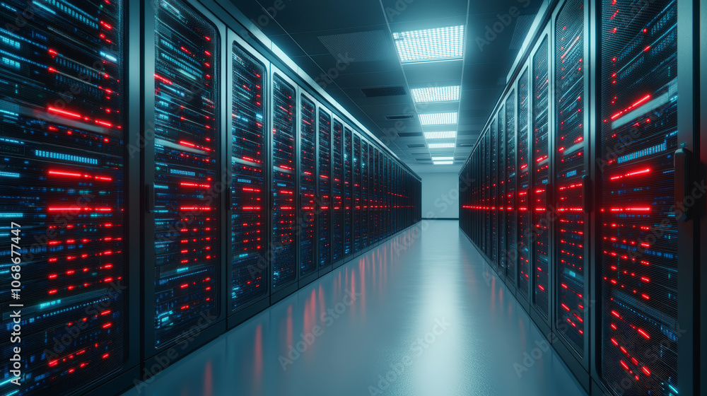 Aufkleber a futuristic data center corridor with rows of illuminated server racks, glowing red and blue, showc